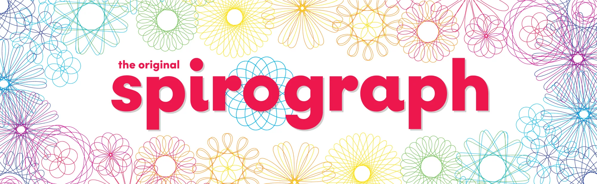 The Original Spirograph logo surrounded by rainbow spiral designs